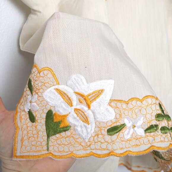 Vintage Ethnic Floral Embroidered Top Short Sleeve Shirt Mexico Yellow Cream - Picture 10 of 10